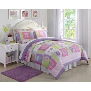 Laura Hart Happy Owls Flowers Patchwork KIds Twin Comforter Sham Pink Set - Picture 1 of 5