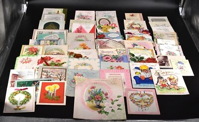 Lote de 50 Tarjetas de Felicitación Usadas De Colección Años 40 y 50 Navidad BD San Valentín Hombres Mujeres Foto 1 de 4