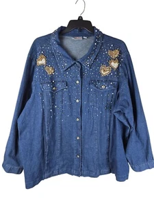 Quacker Factory Womens 3X Denim Blouse With Gold & Pearl Heart Embellishments - Picture 1 of 8