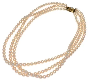 MIKIMOTO Akoya Pearl 5.0〜5.5mm K14 Yellow Gold 3Row Beaded Necklace w/Case 16.1" - Picture 1 of 4
