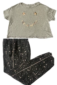 VICTORIAS SECRET WOMEN PAJAMAS SET SMALL NAVY AND GRAY WITH PINK STARS - Picture 1 of 20