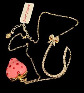 Betsey Johnson Pink Strawberry With Red Rhinestone Long Chain Necklace Gold Tone