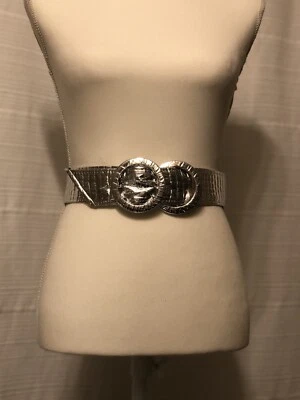 Vintage Women’s 90’s Silver Animal Print Faux Leather Belt Double Round Buckle - Image 1 of 4