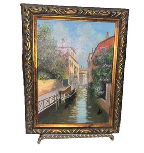 Vintage Öl auf Leinwand Gemälde einer venezianischen Kanalszene signiert und gerahmt - Bild 1 von 10