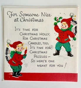 UNUSED VTG MCM Interactive Puzzle Christmas Card Boy Girl Pixie Hats Snowsuit - Picture 1 of 2