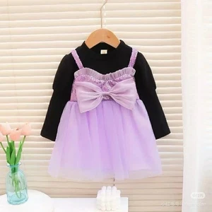 HEVIRGO Girls Dress Round Neck Big Bow-knot Long Sleeves Fake Two-piece Pullover - Picture 1 of 2