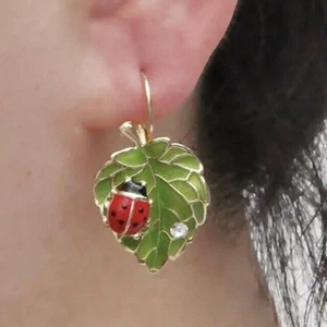 Whimsical Garden Charm Earrings Ladybug on Green Leaf Enamel Nature Garden - Picture 1 of 4