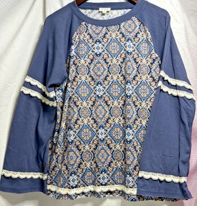 POL Boho Lace Trim Long Sleeve Top Blue Medallion Print Knit Shirt Size M - Picture 1 of 11