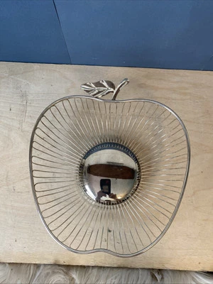 Vintage Wire Fruit Basket Silverplate Metal Apple Shaped 9.5"x10" Farmhouse G.C. - Image 1 of 4