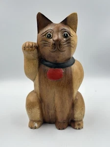 Old Japanese Wood Maneki Neko Beckoning Cat Lucky Charms Hand Up Carved & Signed - Picture 1 of 12