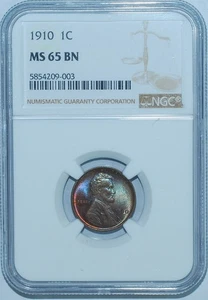 1910 NGC MS65BN Lincoln Wheat Cent Some Color - Picture 1 of 2