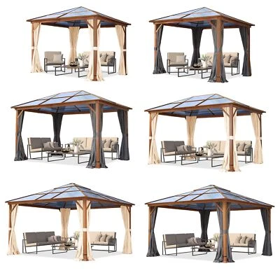 TOOLPORT Garden gazebo hardtop polycarbonat alu frame pavilion wood finish 3x3 3x4 4x4