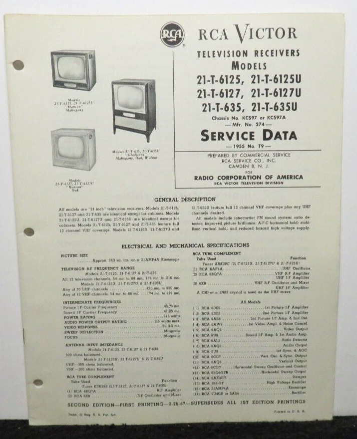 RCA VICTOR TELEVISION SERVICE DATA 1955 T9 21-T-6125 -6127 -635 KCS97 36 PAGES - Image 1 of 1