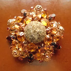 VINTAGE UNSIGNED ALICE CAVINESS DOMED AMBER RHINESTONE BROOCH 2 1/2" - Picture 1 of 6