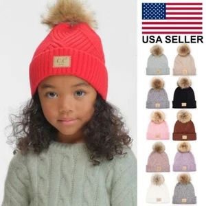 C.C Kids Diagonal Stripes Criss Cross Cable Knit Soft Pom Beanie Hat 2-6yr - Picture 1 of 16