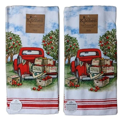 Set of 2 APPLE PICKING Vintage Red Truck Terry Kitchen Towels by Kay Dee Designs - Image 1 of 2