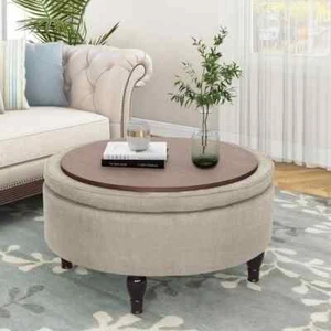 Maypex Storage Ottoman 32"W x 32"D x 18"H Round Wooden Frame Tufted Beige Fabric - Picture 1 of 5