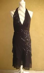 BCBGmaxazria black silk high/low bead/sequin tiered halter evening dress 10P - Picture 1 of 12