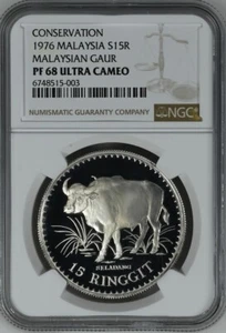 MALAYSIA 15 Ringgit 1976 Silver NGC PF68 Wildlife Conservation Gaur Indian Bison - Picture 1 of 4