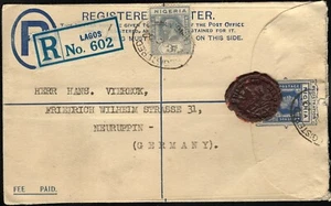 SAVOYSTAMPS-NIGERIA-COVERS-1932-REGISTERED LETTER TO-NEURUPPIN GERMANY-WAX SEAL - Picture 1 of 2