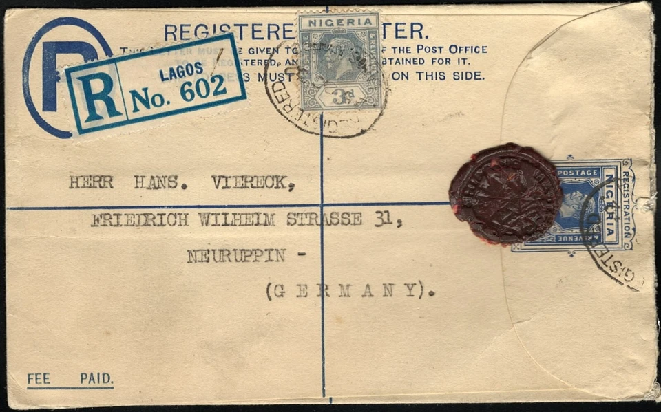 SAVOYSTAMPS-NIGERIA-COVERS-1932-REGISTERED LETTER TO-NEURUPPIN GERMANY-WAX SEAL - Image 1 of 2
