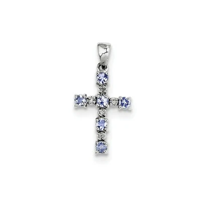 Colgante mini cruz de diamantes y tanzanita redonda enchapada en rodio de plata de ley Foto 1 de 3