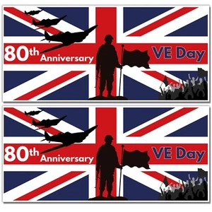 VE DAY 80th Anniversary Banner Poster Decorations Party Union Jack Pack of 2 - Picture 1 of 11
