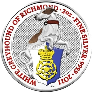 UK 2021 2oz Silber Queen's Beasts White Greyhound of Richmond Color Edition Rot - Bild 1 von 3