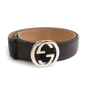 Gucci Belt Interlocking G Leather Metal Dark Brown Silver - Picture 1 of 5