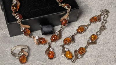 Conjunto de joias vintage, prata esterlina 925 com detalhes banhados a ouro, âmbar natural - Imagem 1 de 4