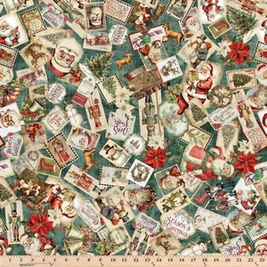 Wonderful Christmastime Christmas Collage Dusty Teal 3033 Fabric by the half yd - Picture 1 of 3