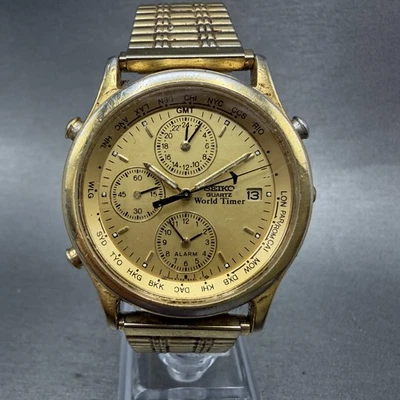 Reloj Seiko World Time Hombre 37mm Esfera Champagne Tono Dorado Fecha 5T52-6A29 PIEZAS Foto 1 de 4