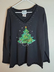 Vtg Quacker Factory Women's Sweater XL Christmas Tree Beaded Embellished Sequin - Picture 1 of 9