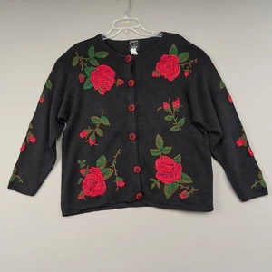 Jacque & KoKo Sweater Cardigan Womens 14 16 Black Ramie Cotton Red Roses Vintage - Picture 1 of 9