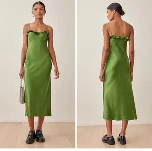 Reformation Aribella Ruffled Polka Dot Silk Satin Midi Dress Green White Size M - Picture 1 of 9