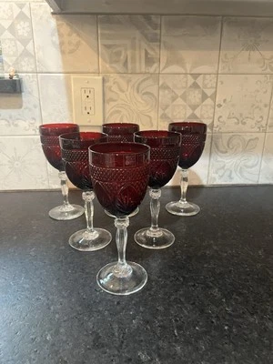 CRISTAL D'ARQUES-DURAND SET 6 Cristal D' Arques Durand ANTIQUE RUBY RED Crystal Wine/Water Glass Goblet