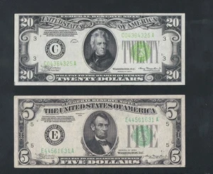 GORGEOUS PAIR 1934 LGS $20 AND 1934 $5 FEDERAL RESERVE NOTES. YOU GET BOTH. - Picture 1 of 2