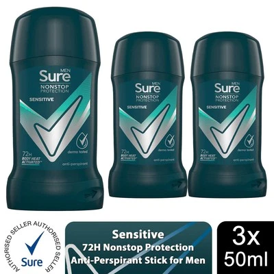 Sure Men AntiPerspirant Deodorant Stick Sensitive 72H Nonstop Protection, 3x50ml - Image 1 of 4