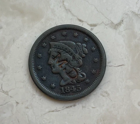 1845 Braided Hair Large Cent - "M D" Counterstamp  bg Cover