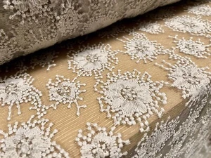 Floral Beaded Sequinned Sheer Couture Fabric, Per Metre - Grey, Woven Selvedge - Picture 1 of 5