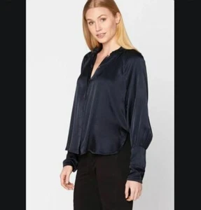XCVI Womens Thomasin Top Oversize Small Black Satin Button Front Long Sleeve NWT - Picture 1 of 7