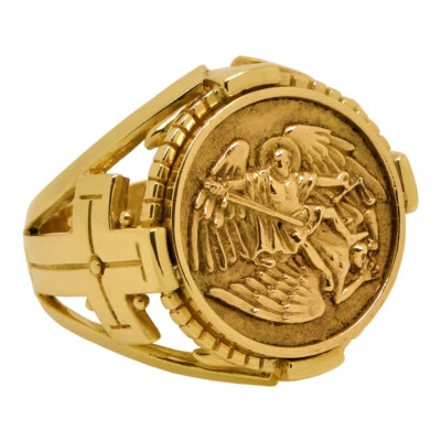 Saint Michael the Archangel Solid Yellow Gold Cross Mens Ring  - Image 1 of 4