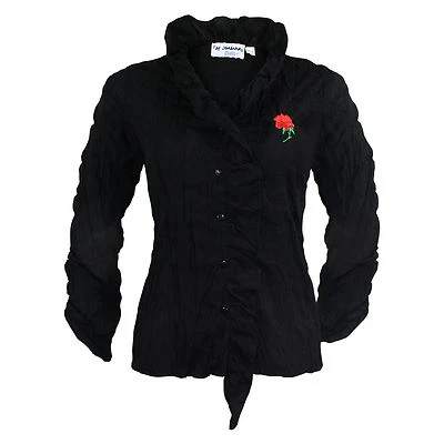 Trachtenbluse  Trachten Damen Blusen Rüschenbluse Halbarm Schwarz Stickerei Rose - Bild 1 von 4