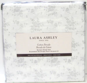 Laura Ashley 4-teiliges Baumwoll Perkal Laken Set Blumenmuster weich grau weiß Queen - Bild 1 von 1