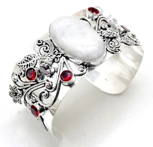 925 Sterling Silver Moonstone & Garnet Gemstone Jewelry Cuff Bracelet Size-ADJ" - Picture 1 of 7