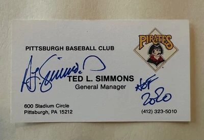 TED SIMMONS signed business card as GM of Pittsburgh Pirates HOF autographed - Imagem 1 de 2