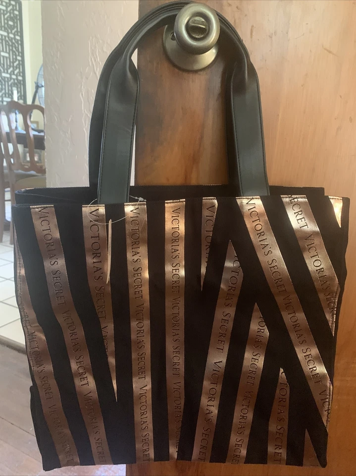 Victoria's Secret Tote Bag Black Gold Stripe Handles Signature Large - Image 1 of 1