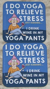 LEANIN TREE "Relieve Stress Yoga"~Set 2 Coasters~Cork Back~3.75"x3.75" #62450 - Picture 1 of 2