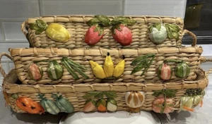 (3) Vintage Straw Woven Pyrex/Casserole Nesting Dish Holders with Raffia Flowers - Picture 1 of 9