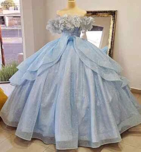 Sky Blue Quinceanera Dresses Ball Gown 3D Flowers Beaded Graduation Gowns - Picture 1 of 11